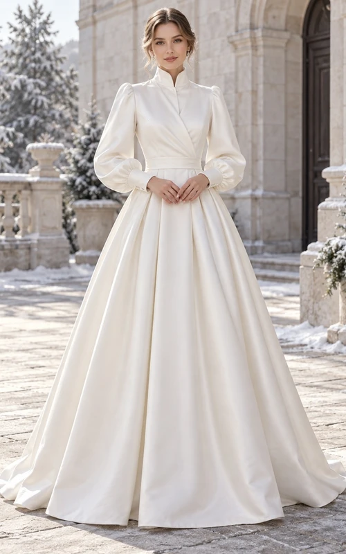 Vestido de novia de satén cruzado con cuello alto y mangas largas estilo obispo.