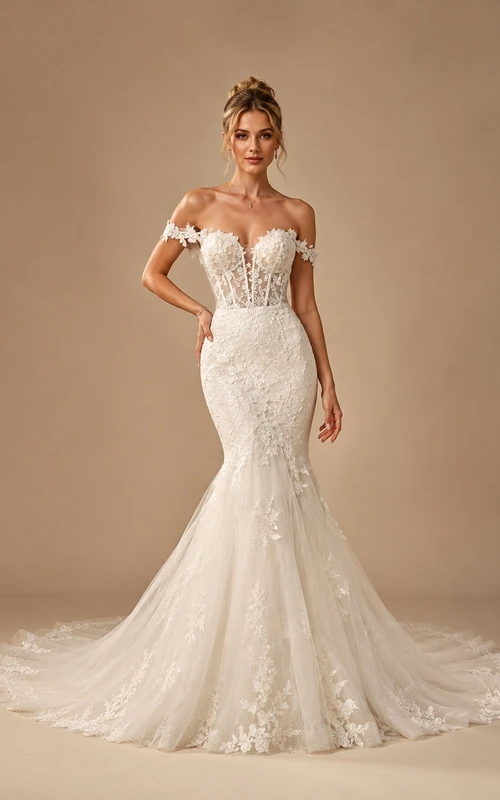 Brautkleid aus Spitze, Tüll, schulterfrei, kurzärmelig, Meerjungfrauenschnitt, bodenlang, Kapellenschleppe, Applikationen