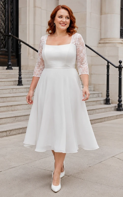 Plus-Size Courthouse Hochzeitskleid aus Chiffon, A-Linie, eckigem Ausschnitt, Dreiviertelärmeln und Teelänge