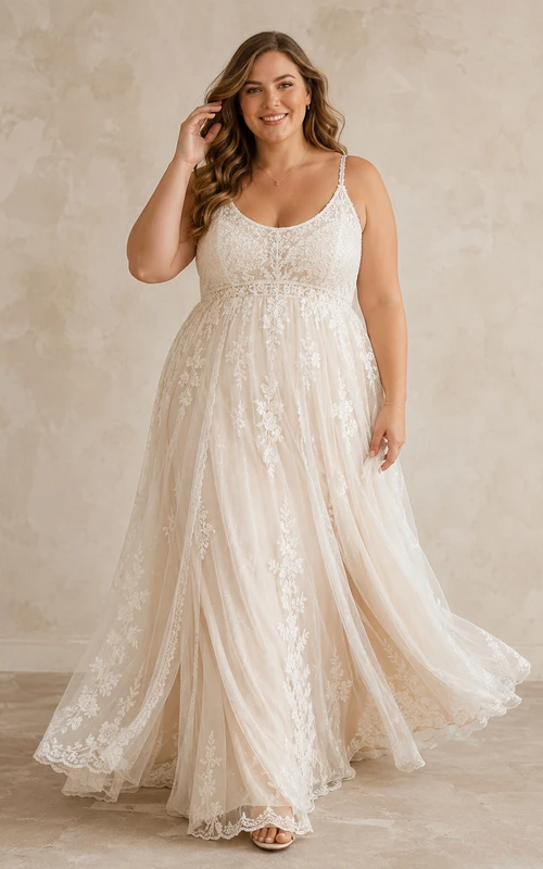 Plus Size Spaghetti Strap Lace A-Line Wedding Dress with Long Train