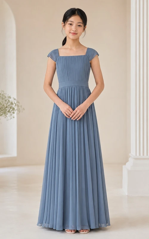 Vestido de dama de honor juvenil azul acero, corte en A, manga corta, plisado, sencillo.