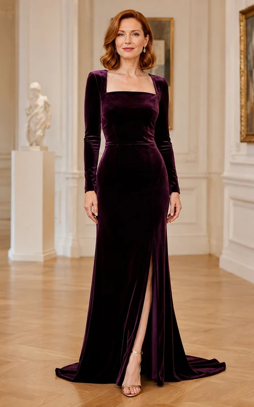Schwarzes, elegantes Samtkleid mit eckigem Ausschnitt, langen Ärmeln und Schleppe