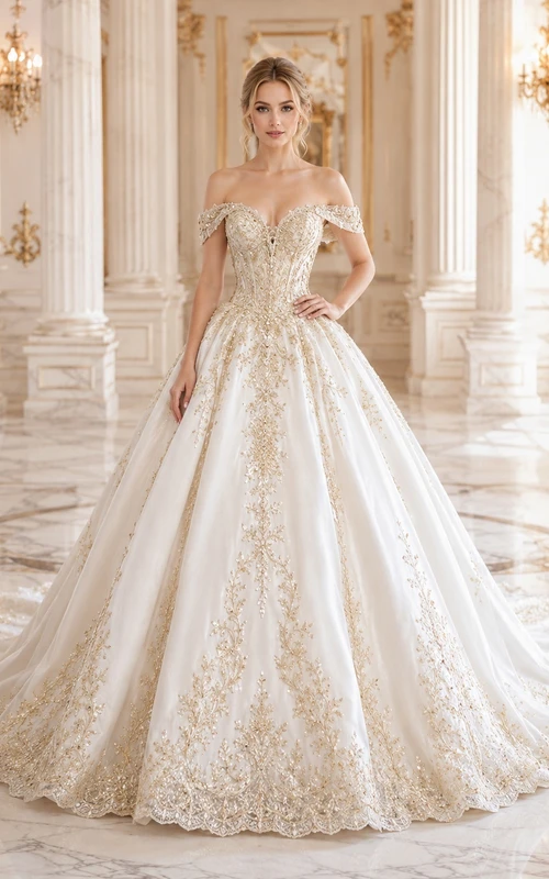 Goldener Palast Blütenblätter Ballkleid Brautkleid schulterfrei Kurzarm bodenlang Kathedralenschleppe Luxuskleid