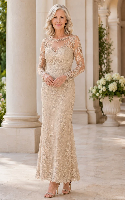 Robe fourreau mi-longue en dentelle illusion champagne pour la mère
