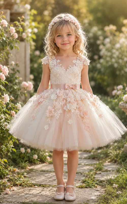 Vestido de niña de flores de tul con mangas abullonadas, corte en A, cuello joya, falda a media pierna y detalle de lazo.
