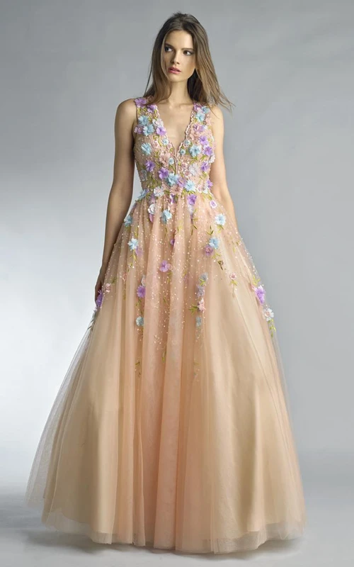 Robe longue trapèze en tulle sans manches à col en V et fermeture éclair, col en V