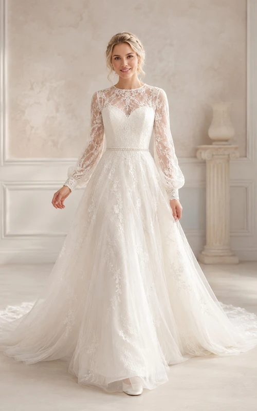 Langärmeliges, transparentes A-Linien-Brautkleid aus Spitze