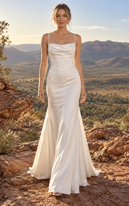 Einfaches Brautkleid mit Wasserfallausschnitt, Spaghettiträgern, Meerjungfrauen-Schleppe, Satin