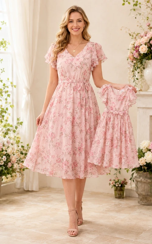 Rosa geblümtes A-Linien-Kleid mit V-Ausschnitt, flatternden Ärmeln und Teelänge – ideal für Mütter