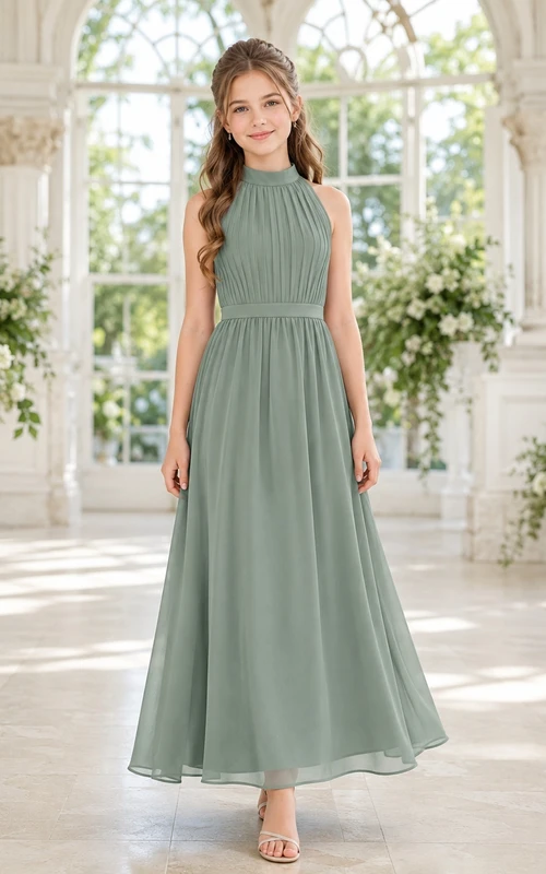 Celadonfarbenes Brautjungfernkleid für junge Damen, A-Linie, hoher Kragen, ärmellos, wadenlang, Chiffon, plissiert, dezent