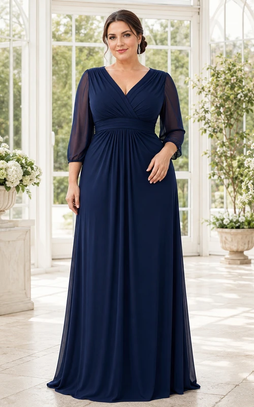 Plus Size Navy V Neck Illusion Sleeve Floor Length A Line Gown