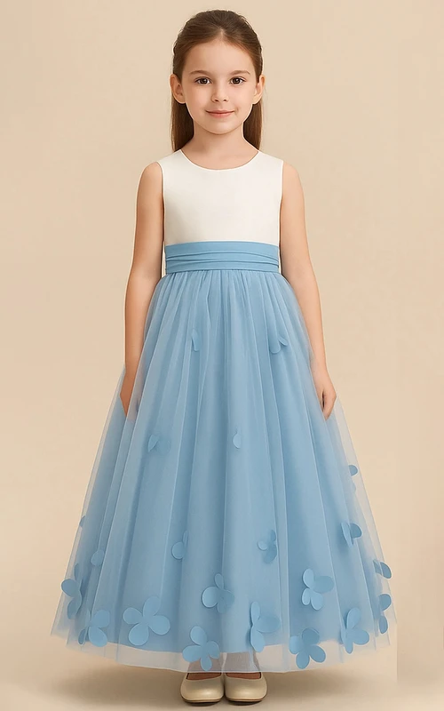 Zweifarbiges, ärmelloses A-Linien-Tüllkleid mit Rundhalsausschnitt für Blumenmädchen