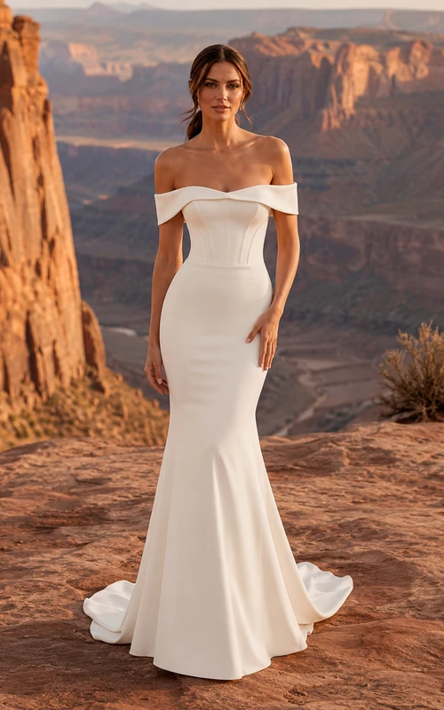 Robe de mariée sirène moderne à épaules dénudées en crêpe, motif paysage de canyon, pour une escapade amoureuse