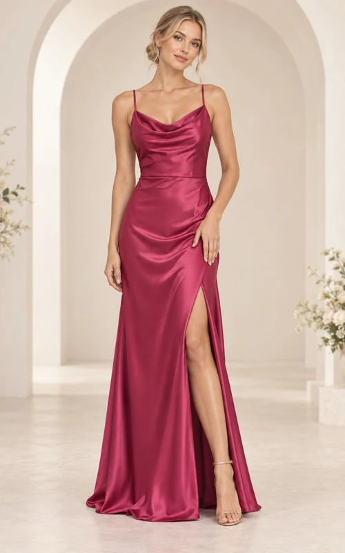 Vestido de dama de honor sencillo, color frambuesa, corte recto, de satén, con tirantes finos, fruncido y abertura lateral, largo hasta el suelo.