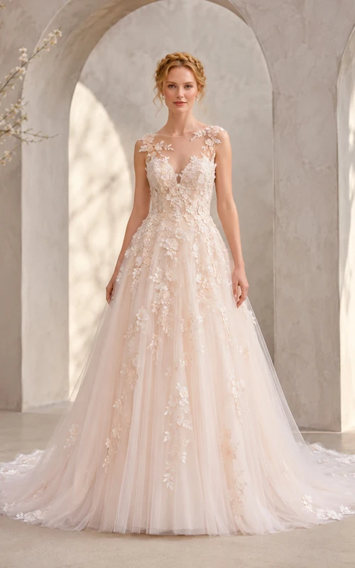 Robe de mariée de style chapelle, bustier cœur sans manches, tulle fleuri, coupe trapèze, décolleté en V profond, style A.