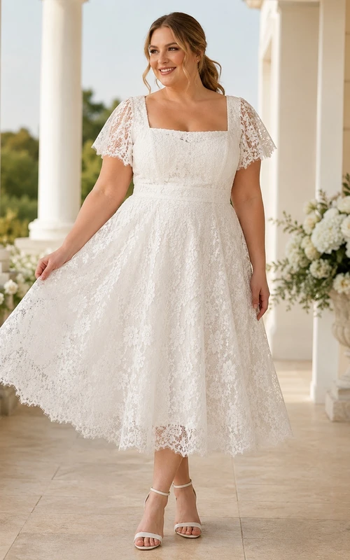 Romantisches Brautkleid in Übergröße mit Spitze, eckigem Ausschnitt, kurzen Ärmeln, A-Linien-Schnitt und Teelänge