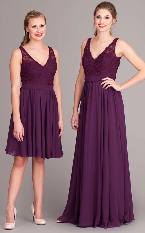 Robe de demoiselle d'honneur mini en mousseline de soie sans manches à col en V et plis