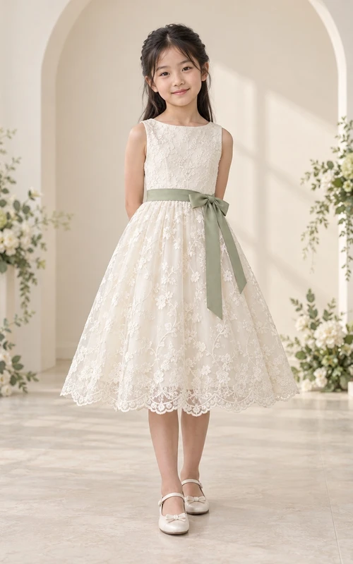Tea-length Ivory A-line Lace Sleeveless Scalloped Green-sash Bow-back Flower Girl Dress