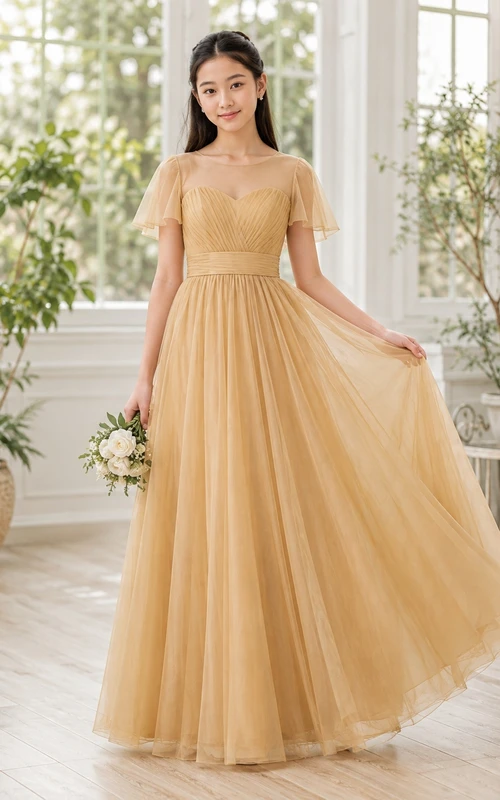 Goldenes Brautjungfernkleid für junge Mädchen, A-Linie, eckig, kurze Ärmel, plissiert, romantisch