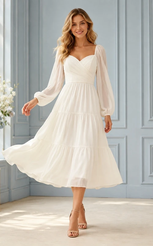 Ivory Sweetheart Long Sleeve Pleated Chiffon A-Line Midi Dress