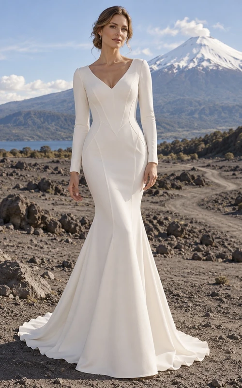 Vestido de novia de crepé de manga larga con escote en V, corte sirena, costuras princesa y cola.