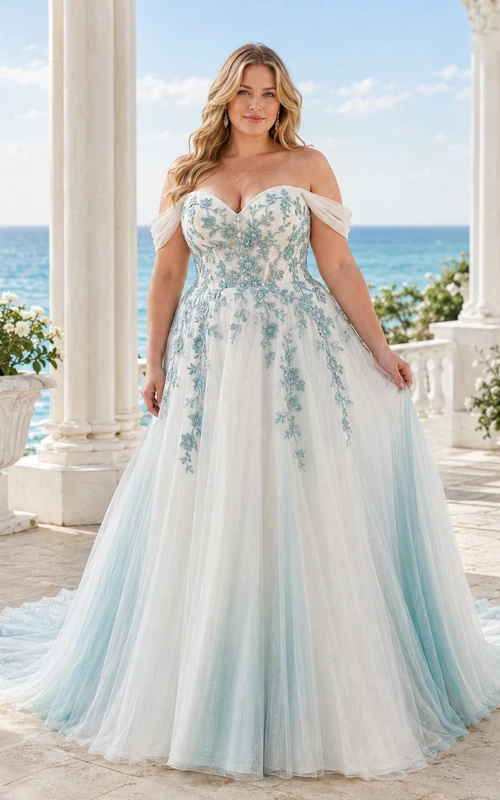 Türkisfarbenes, elegantes Brautkleid in Übergröße, A-Linie, schulterfrei, aus Tüll mit floralem Saum