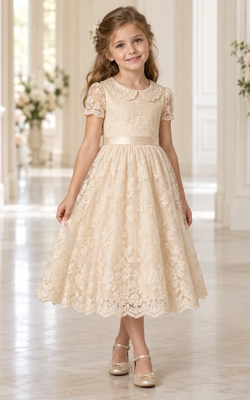 Tea-length Vintage Champagne Floral A-line Lace Short-sleeve Sashed Flower Girl Dress