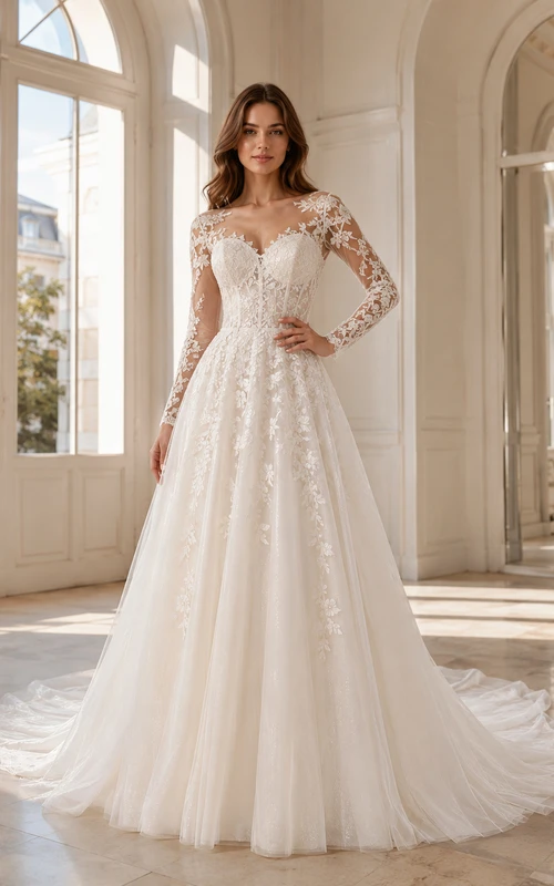 Robe de mariée en dentelle raffinée, tulle, épaules dénudées, manches longues transparentes, coupe trapèze, traîne chapelle, applications florales et dos illusion