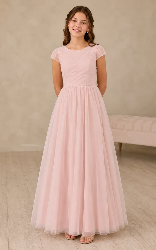 Perlmuttrosa Brautjungfernkleid, A-Linie, Rundhalsausschnitt, kurze Blütenblattärmel, Tüll, bezaubernd