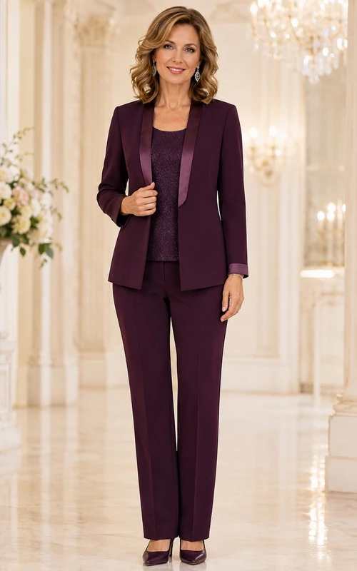 Petite Plum Notched Long Sleeve Crepe Jumpsuit Tailored Mother Pantsuit