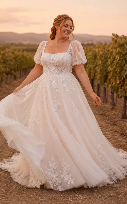 Plus Size Square Neck Puff Sleeve Lace A-Line Wedding Dress with Train