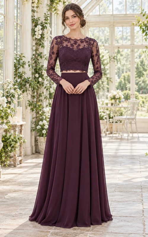 Conjunto de dos piezas de vestido de dama de honor de encaje color ciruela con mangas largas estilo bohemio.
