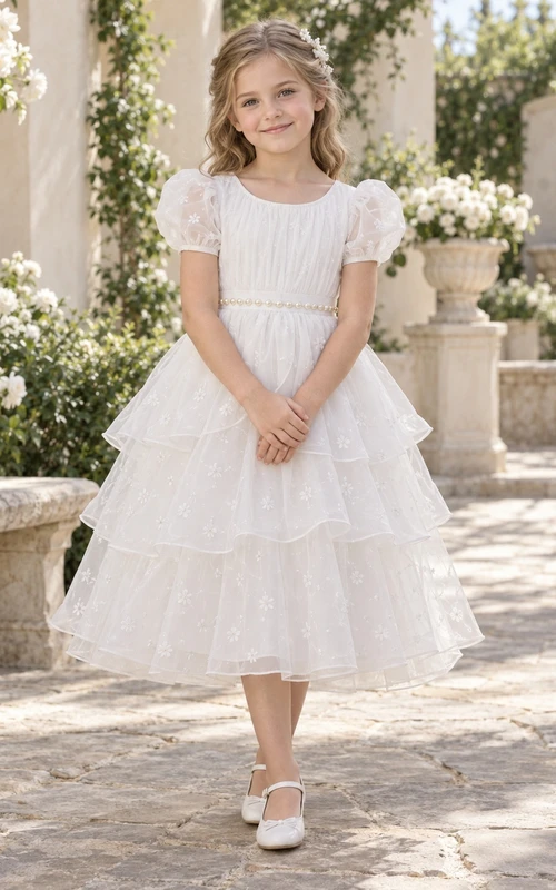Vestido de niña de flores modesto, blanco, de corte A, de tul, con mangas abullonadas y pliegues, hasta la rodilla.