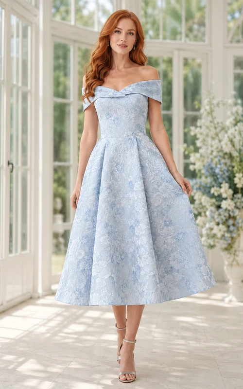 Sky Blue Off-the-shoulder Lace Tea Dress