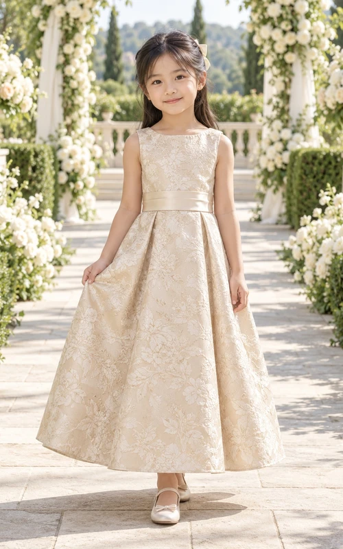 Champagne Floral-textured A-line Sleeveless Ankle-length Pleated-skirt Sashed Round-Neck Flower Girl Dress