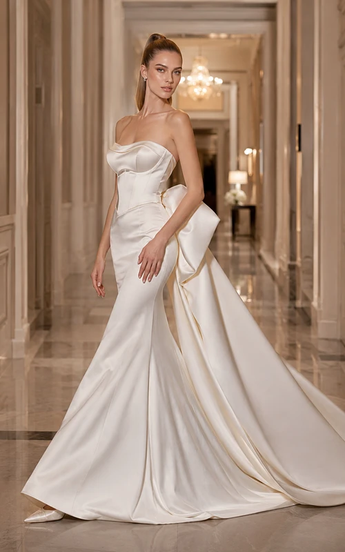 Trägerloses, herzförmiges Brautkleid aus drapiertem Satin mit Schleife und moderner Kapellenschleppe