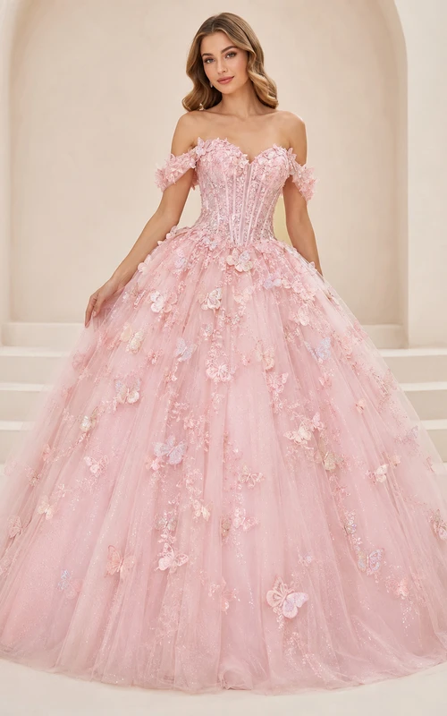 Blushing Pink Luxury Off Shoulder Three Dimensional Butterfly Quinceanera Princess Ball Gown
