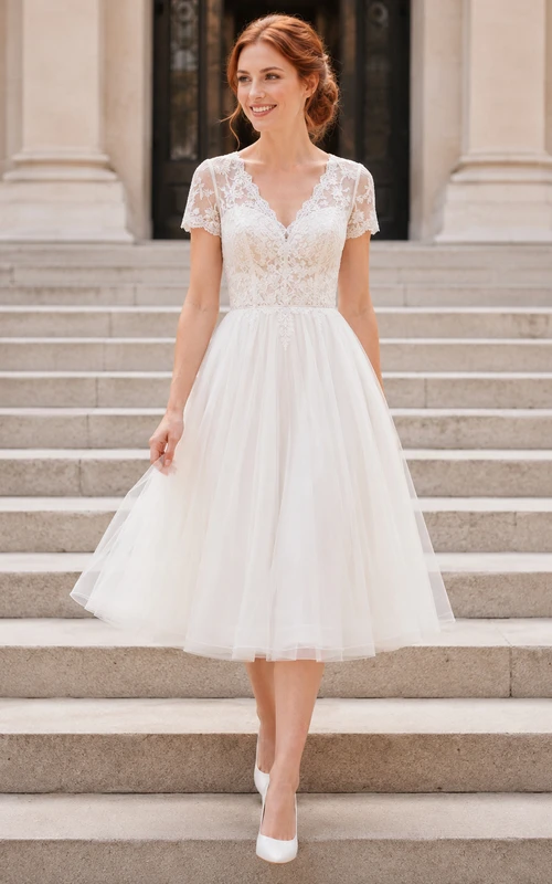 Vestido de novia de corte A con tul y mangas cortas de encaje Courthouse