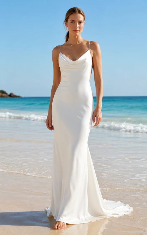 Minimal Cowl Neck Spaghetti Satin Sheath Sweep Open Back Wedding Dress