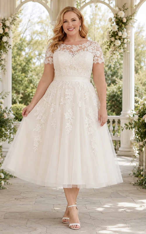 Vestido de novia vintage modesto de encaje, largo hasta la rodilla, con mangas cortas y escote barco, talla grande
