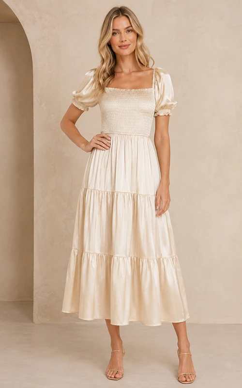 Cream Square-Neck Puff-Sleeve Smocked Satin Tiered Casual Garden Midi Dress