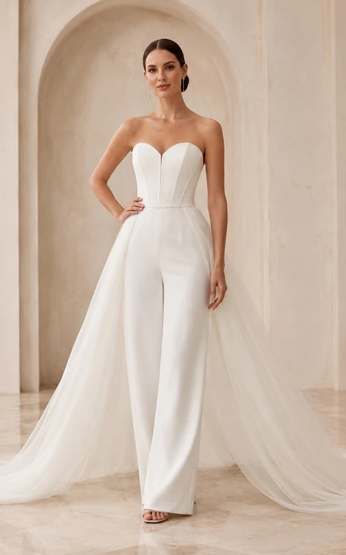 Minimalist Satin Tulle Wedding Jumpsuit Strapless Sweetheart Sweep Train