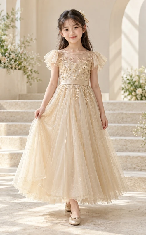 Champagne Floral A-line Tulle Flutter-sleeve Ankle-length Appliqued Round-Neck Flower Girl Dress