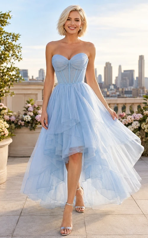 Himmelblaues, trägerloses, herzförmiges, mit Stäbchen verstärktes A-Linien-Abendkleid aus Tüll mit asymmetrischem Saum und mehrlagigem Korsett