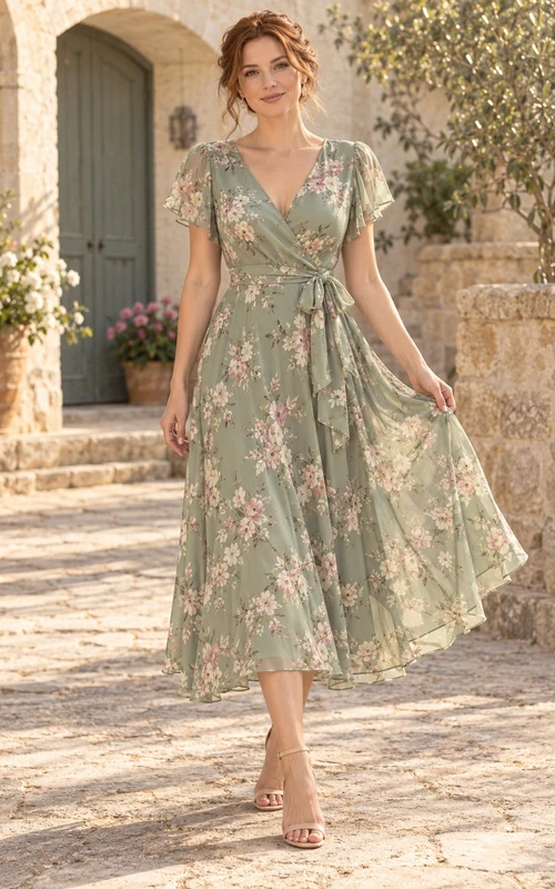 Vestido de fiesta de gasa color verde salvia vintage con escote en V y mangas con volantes, largo hasta la rodilla, para invitada de boda.