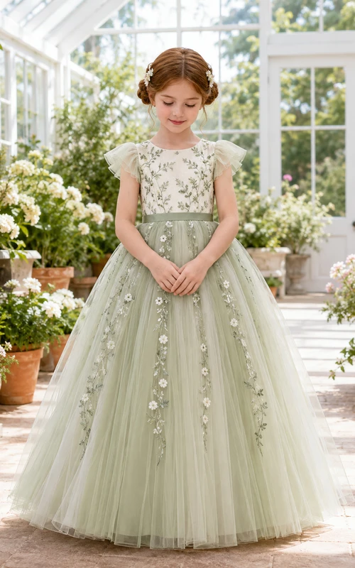 Flower Girl Dress A-Line Celadon Custom Size Lace Tulle Garden