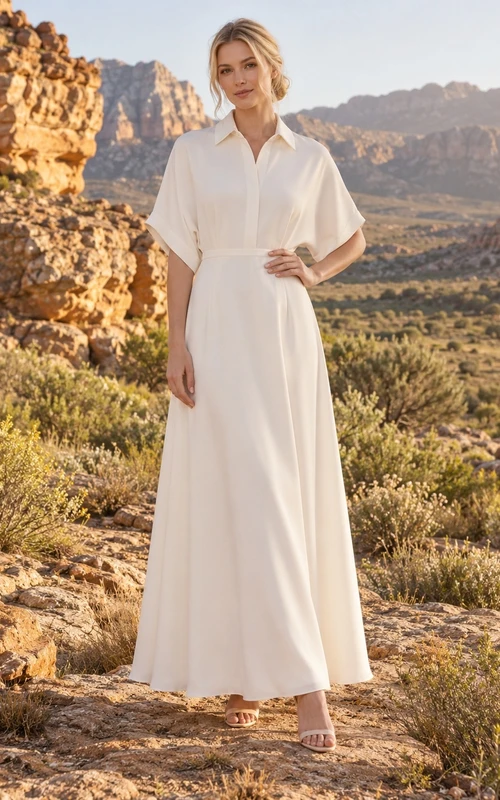 Vestido de novia sencillo e informal de gasa con cuello, manga corta y corte en A, cintura lisa.