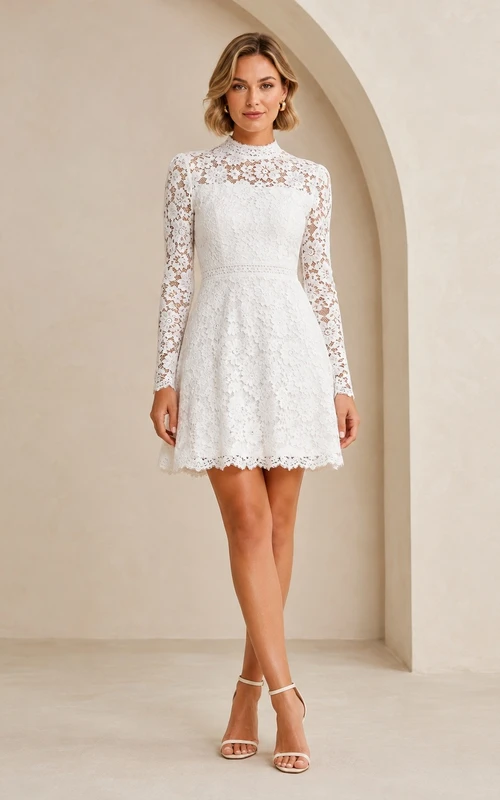 White Lace High-Neck Long-Sleeve A-Line Mini Formal Dress