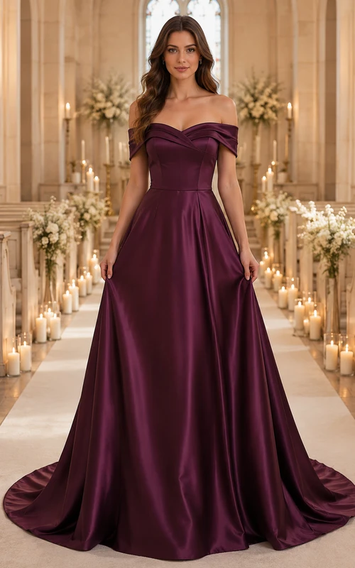 Vestido de novia de corte capilla en A de satén color ciruela con hombros descubiertos
