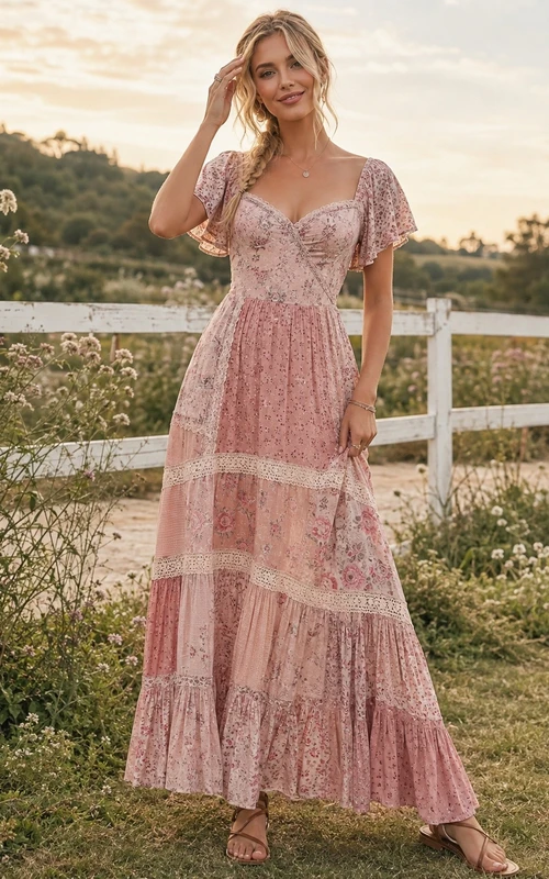 Rosa geblümtes, gestuftes Maxikleid im Boho-Stil mit langen Ärmeln und V-Ausschnitt